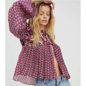 Free People Women's Malia Embellished Floral Babydoll Jacket Berry Size Small